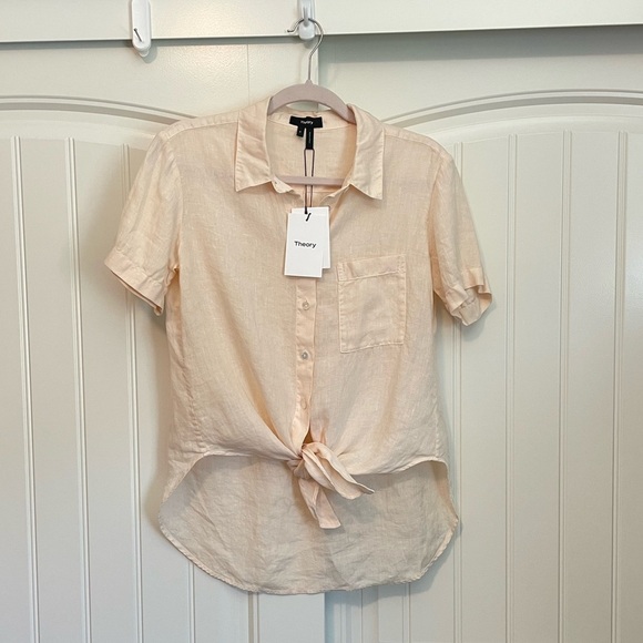 NWT Theory Hekanina Shirt Women's Peach pink Linen front tie Button down Size P - Picture 3 of 7